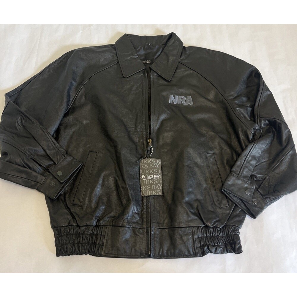 BURKE'S BAY Men's Genuine Bomber Jacket Leather NRA Logo Black Size XL